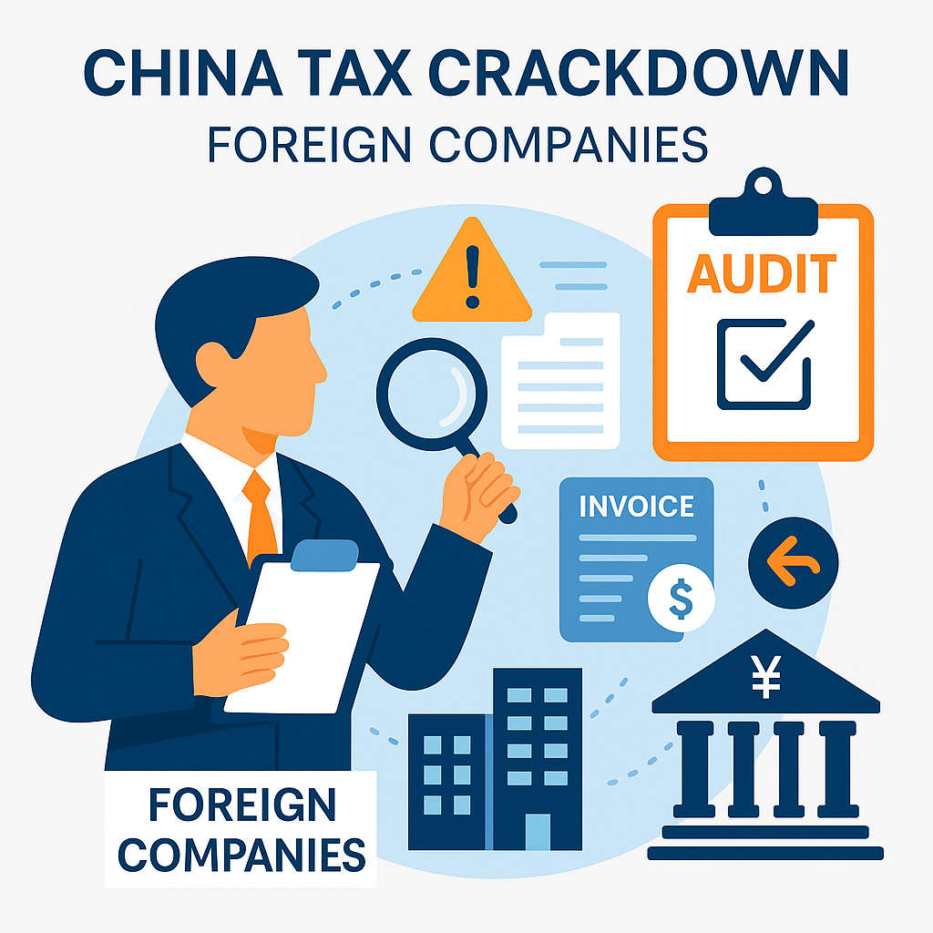 infographic showing China tax crackdown with audits invoices documents and foreign companies