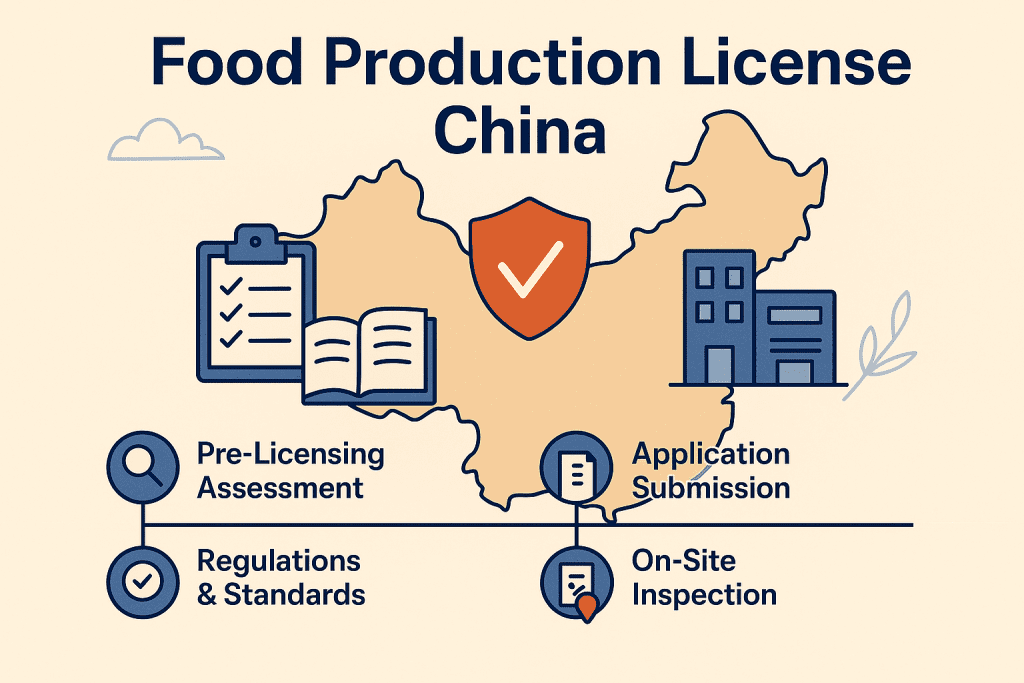 Food Production License China regulatory infographic with compliance steps