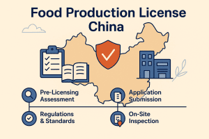 Food Production License China regulatory infographic with compliance steps