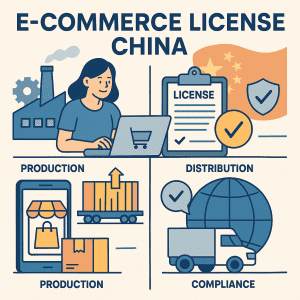 1:1 infographic showing e-commerce license China requirements including ICP licensing, compliance checks and online business rules
