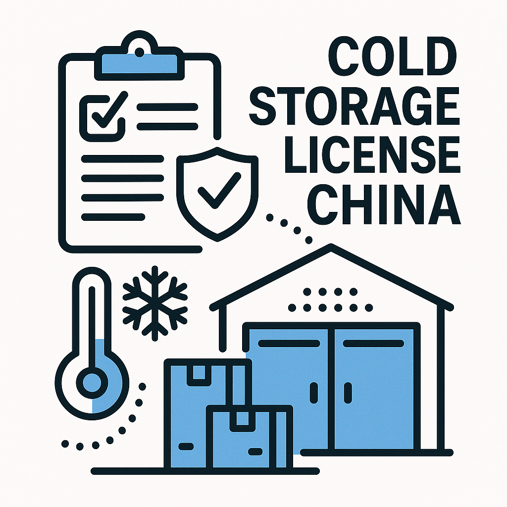 1:1 infographic showing cold storage license China requirements including safety standards, temperature control, and regulatory approvals