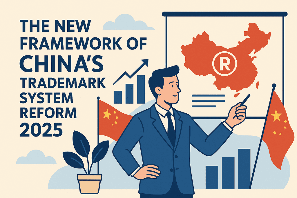 1:1 infographic explaining China trademark reform 2025 with filing updates, bad‑faith penalties, opposition process, customs enforcement, and digital monitoring