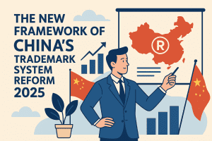 1:1 infographic explaining China trademark reform 2025 with filing updates, bad‑faith penalties, opposition process, customs enforcement, and digital monitoring