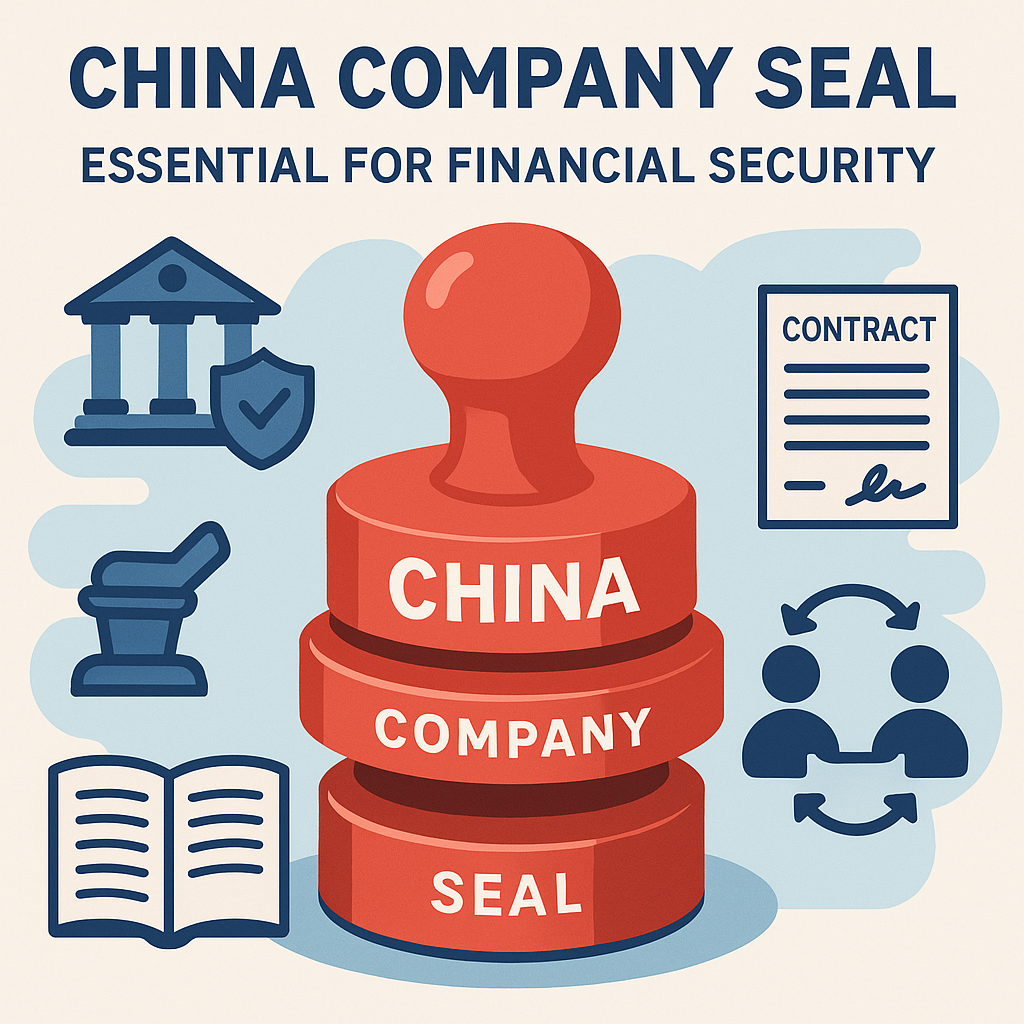 1:1 infographic showing China company seal controls for financial security, including bank seal, contract seal, custody logs, and dual-authorization