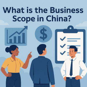 1:1 infographic explaining business scope in China, showing permitted activities, licensing links, and change procedures for foreign companies