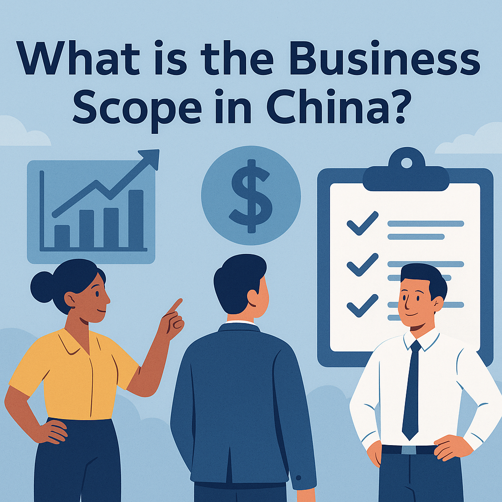 1:1 infographic explaining business scope in China, showing permitted activities, licensing links, and change procedures for foreign companies