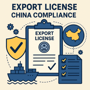 1:1 infographic showing export license China requirements including commodity classification, customs approvals, and controlled goods rules