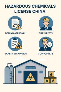 hazardous chemicals license China infographic showing zoning approval, fire safety, safety standards, and compliance requirements