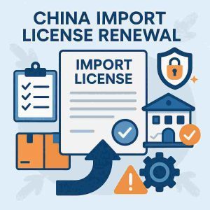 china import license renewal infographic showing import license documents, renewal checklist, warehouse icons, and customs compliance symbols