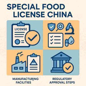 special food license China 1:1 infographic showing documentation preparation, product testing, safety checks, manufacturing requirements, and regulatory approval steps