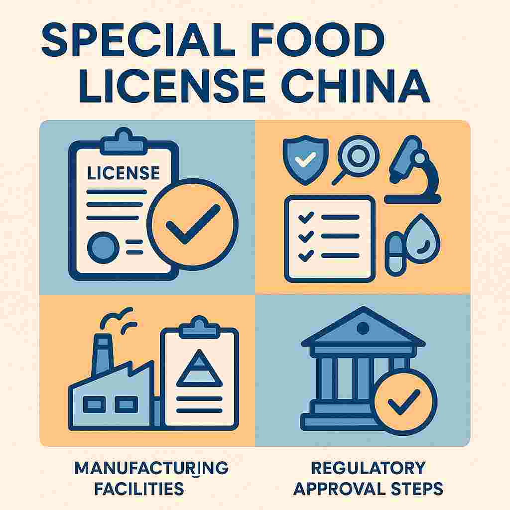 special food license China 1:1 infographic showing documentation preparation, product testing, safety checks, manufacturing requirements, and regulatory approval steps