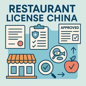 restaurant license China 1:1 cover infographic showing restaurant building, compliance documents, food safety icons, and inspection symbols