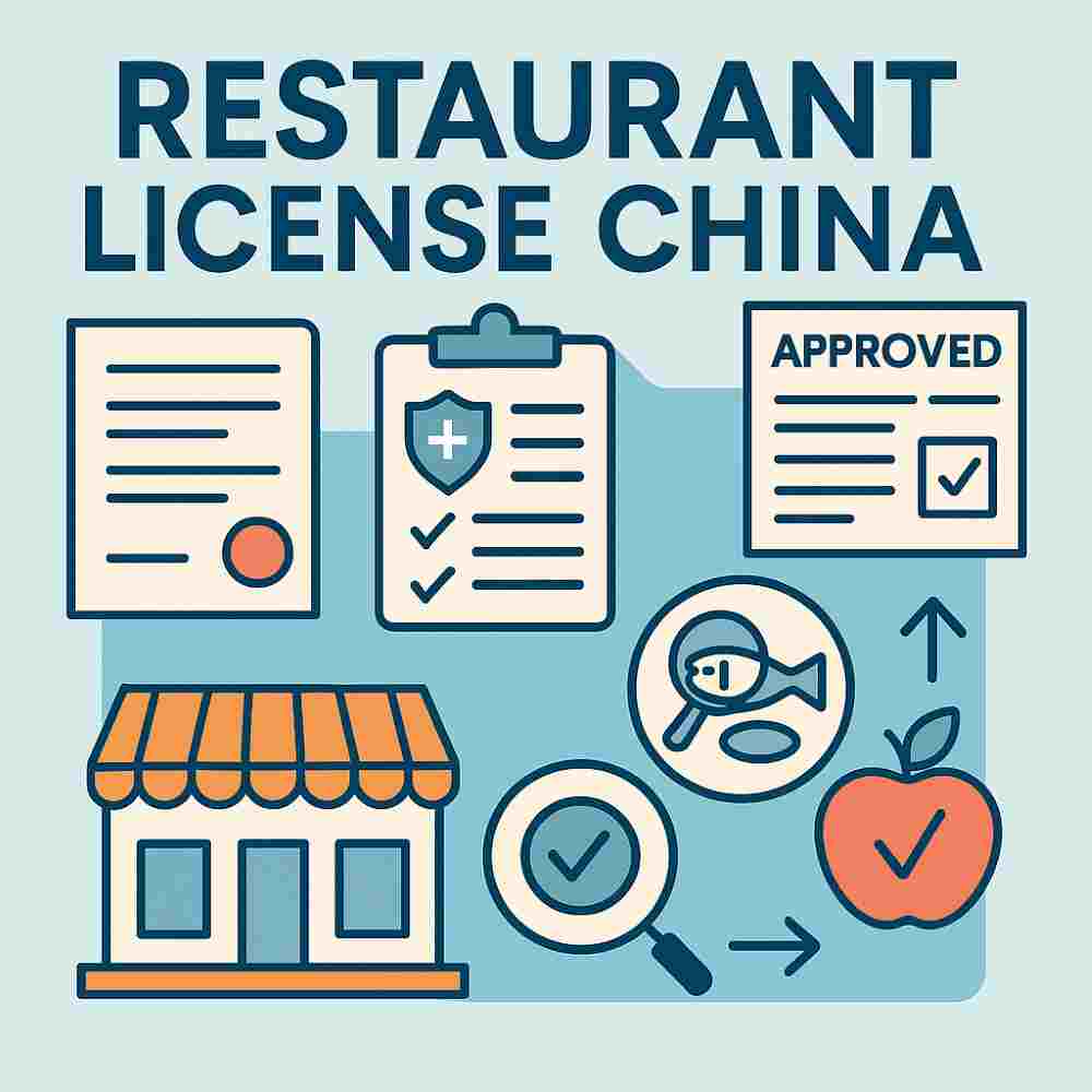 restaurant license China 1:1 cover infographic showing restaurant building, compliance documents, food safety icons, and inspection symbols