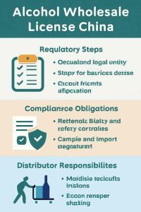 1:1 infographic showing alcohol wholesale license China requirements, including regulatory steps, compliance obligations, and distributor responsibilities