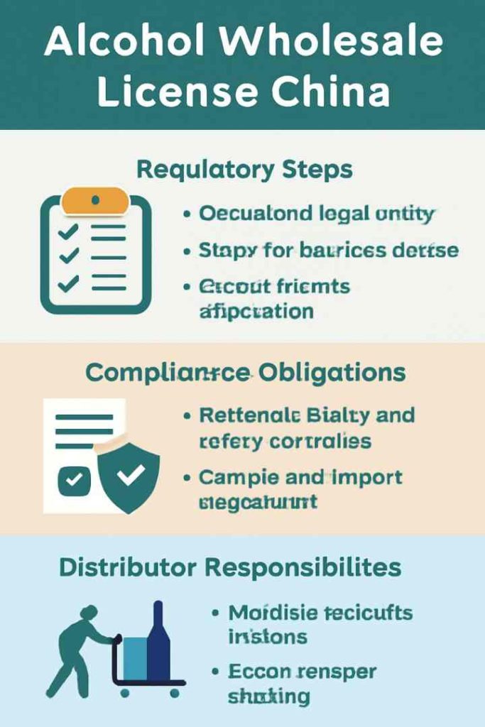 1:1 infographic showing alcohol wholesale license China requirements, including regulatory steps, compliance obligations, and distributor responsibilities