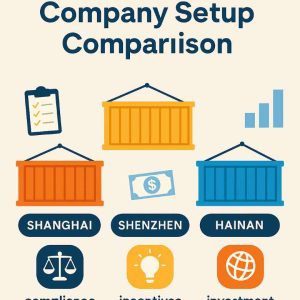 China FTZ company setup infographic Shanghai Shenzhen Hainan in flat commercial illustration style