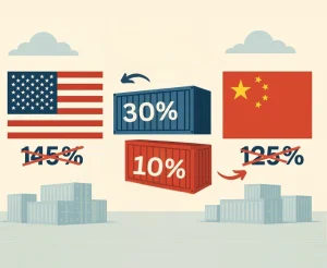Illustration of China–US Tariff Suspension 2025 with US and Chinese flags, cargo ships and factory icons signifying trade relief