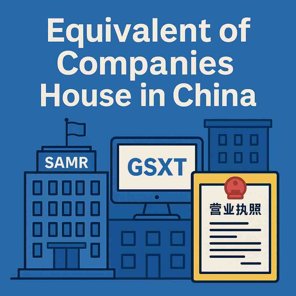 Illustration comparing the equivalent of Companies House in China with SAMR headquarters, local bureaus, and a Chinese business license