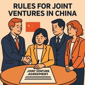 Flat business illustration summarizing key rules for joint ventures in China with foreign and Chinese partners signing a JV contract