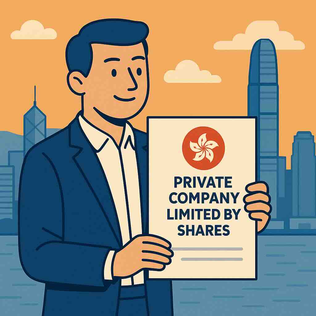 Business illustration showing the LLC equivalent in Hong Kong as a private company limited by shares with shareholders and a Hong Kong skyline