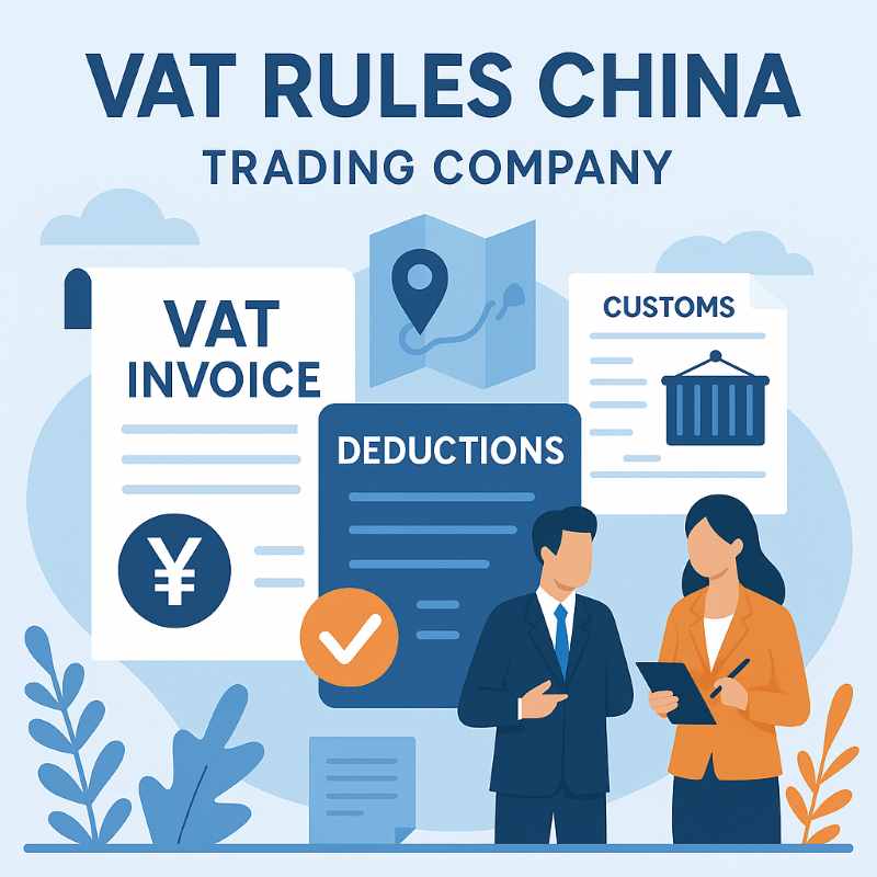 infographic showing VAT rules China with invoices deduction icons and trading elements