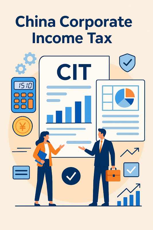 infographic showing China corporate income tax with documents calculations charts and compliance icons