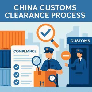 infographic showing China customs clearance with cargo documents inspection and customs officers