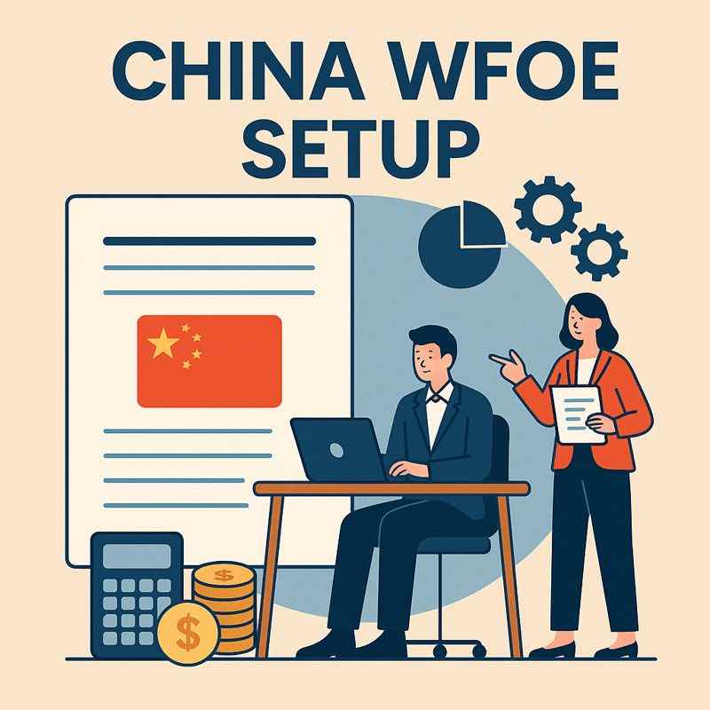 Flat illustration showing China WFOE setup with business professionals, documents, Chinese flag, and financial icons