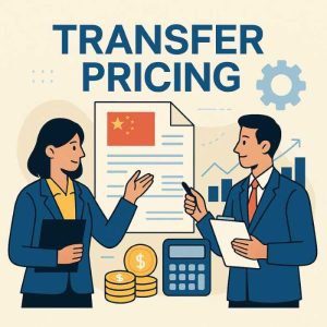 Flat illustration showing China transfer pricing compliance, documentation review, and financial analysis for foreign companies