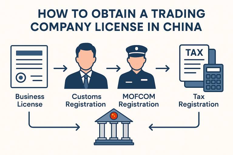 Trading company license China infographic in flat commercial illustration style