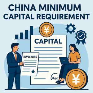flat-style infographic showing China minimum capital requirement with investors documents and capital icons