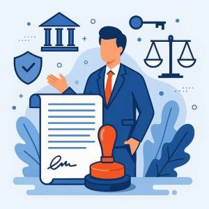 flat-style infographic showing legal representative China responsibilities with documents authority stamps and business icons