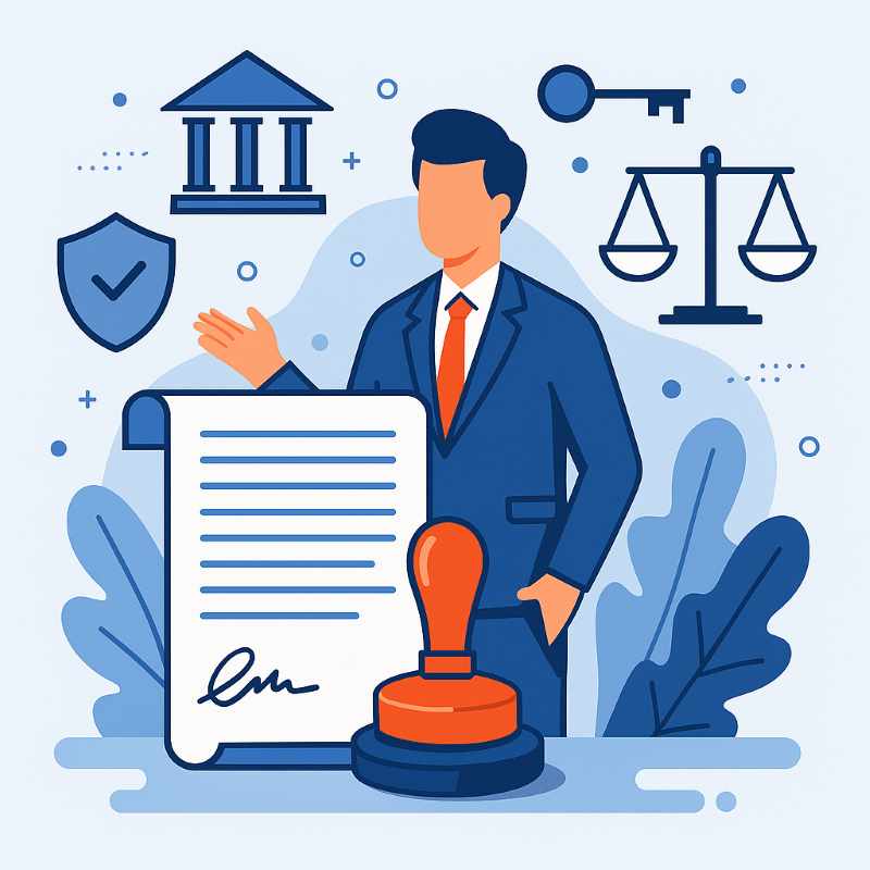 flat-style infographic showing legal representative China responsibilities with documents authority stamps and business icons
