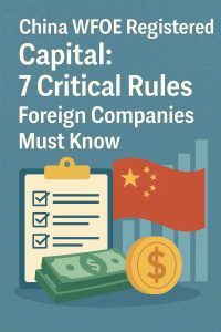 A 1:1 flat-style commercial illustration visualizing China WFOE registered capital requirements. The image features a checklist, financial symbols, a Chinese flag, and upward charts, representing capital planning, compliance rules, and shareholder responsibilities for foreign companies setting up a WFOE in China.