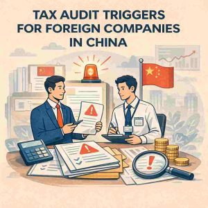 Flat illustration showing China tax audit triggers, compliance review, and risk assessment for foreign companies
