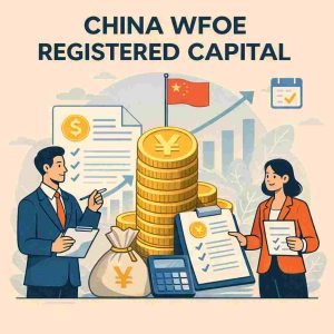 Flat illustration showing China WFOE registered capital requirements, financial planning, and compliance review for foreign investors