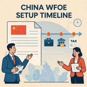 Flat illustration showing the China WFOE setup timeline with step-by-step process including registration, banking, and tax compliance